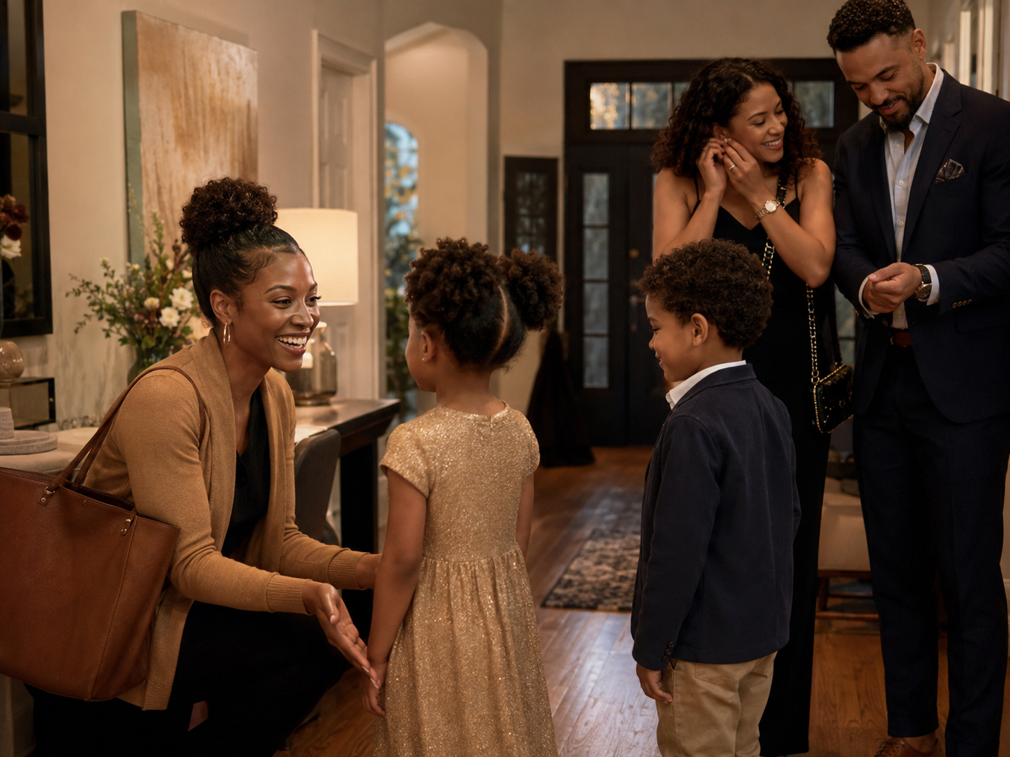 A family welcoming a trusted sitter for evening care