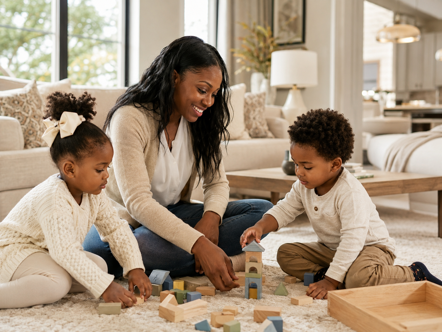 A caring childcare provider spending meaningful time with children at home